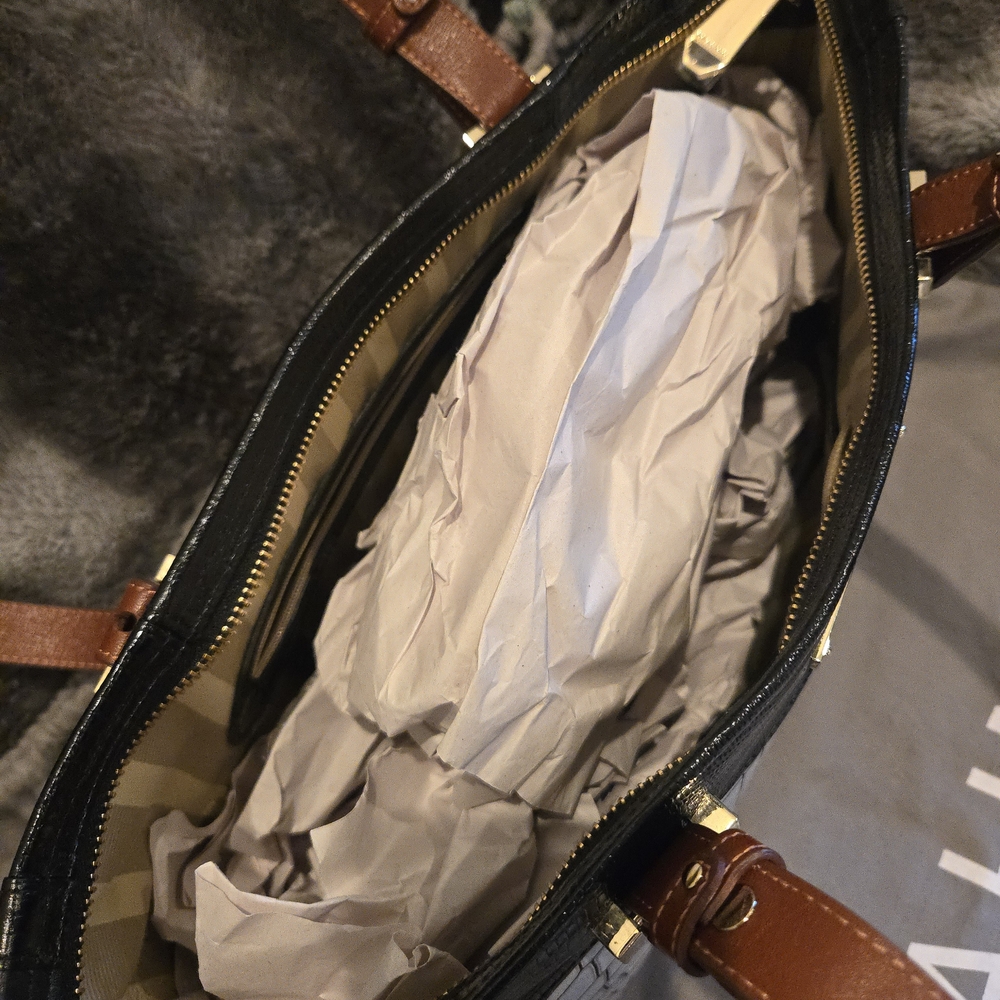 Brahmin Arno Black and Cream Croc-Embossed Leather Tote with Tan Handles - Picture 4 of 4